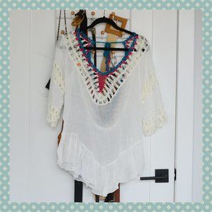 White Boho Crochet Pom‎ Pom Swimsuit Cover Up